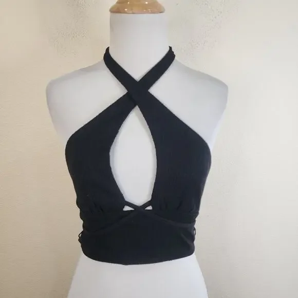 URBAN OUTFITTERS Valeria Halter Crop Top Size Small Black Shirt Strappy - Picture 4 of 12